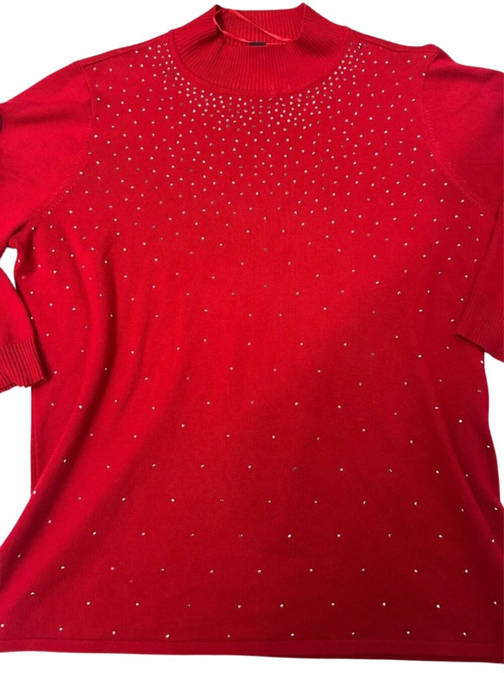 ByDesign Women's Red Rhinestone Embellished Mock Neck Sweater Top | 3/4 Sleeve
